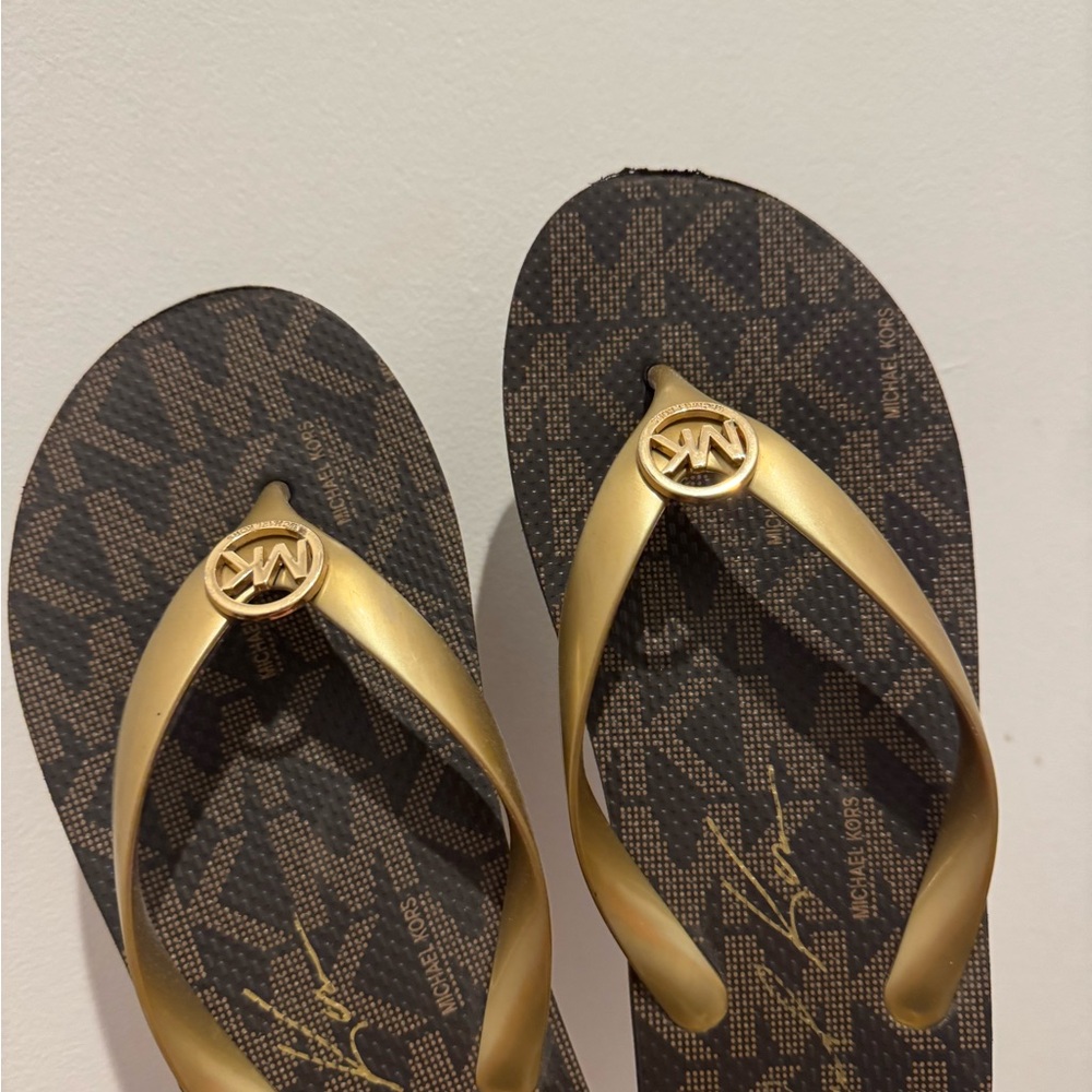 Michael Kors Gold and Brown Women's Flip Flops size 11